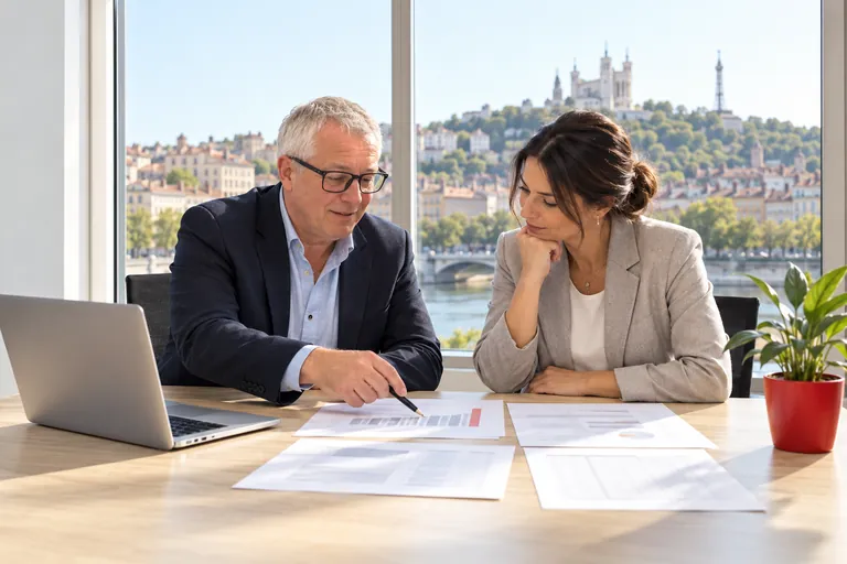 Frédéric Mancuso et une dirigeante étudient des documents, vue sur Lyon