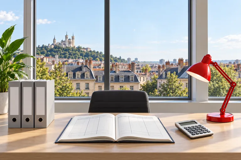 Bureau d'expert-comptable à Lyon : classeurs, registre et calculatrice, vue sur Fourvière